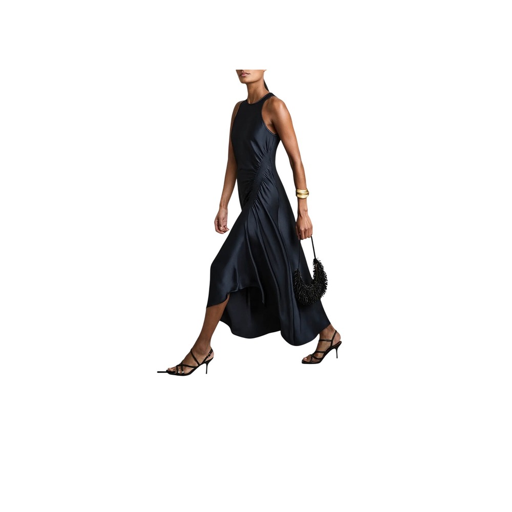 Reiss Anessa Waist Detail Dress Women 10 NWT Navy Satin Midi MSRP $295 - Picture 1 of 9